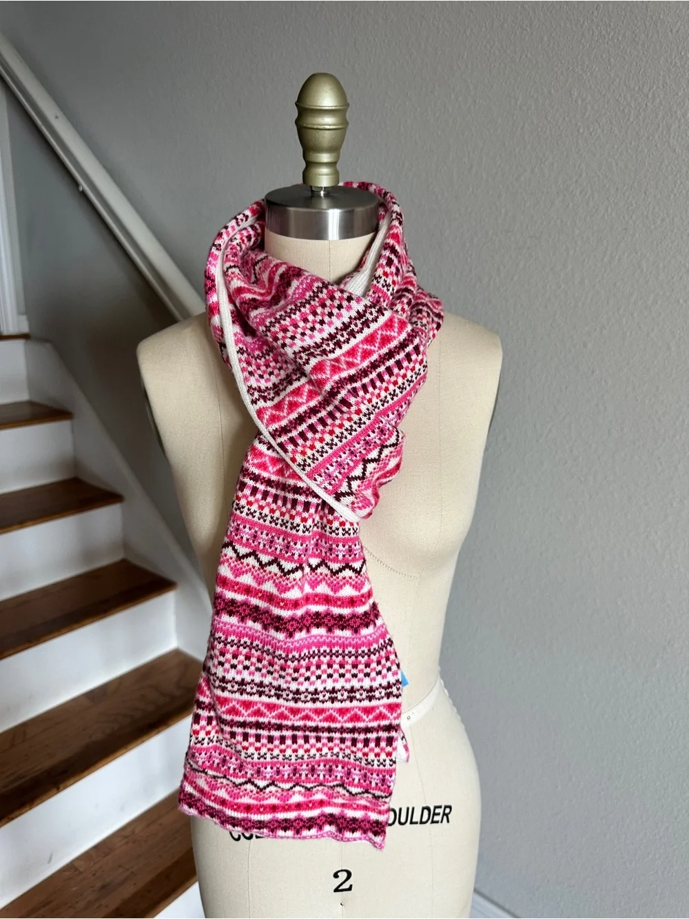 Draper James Fair isle Skinny Scarf Pink Burgundy Cream  80”x7” - Picture 3 of 8